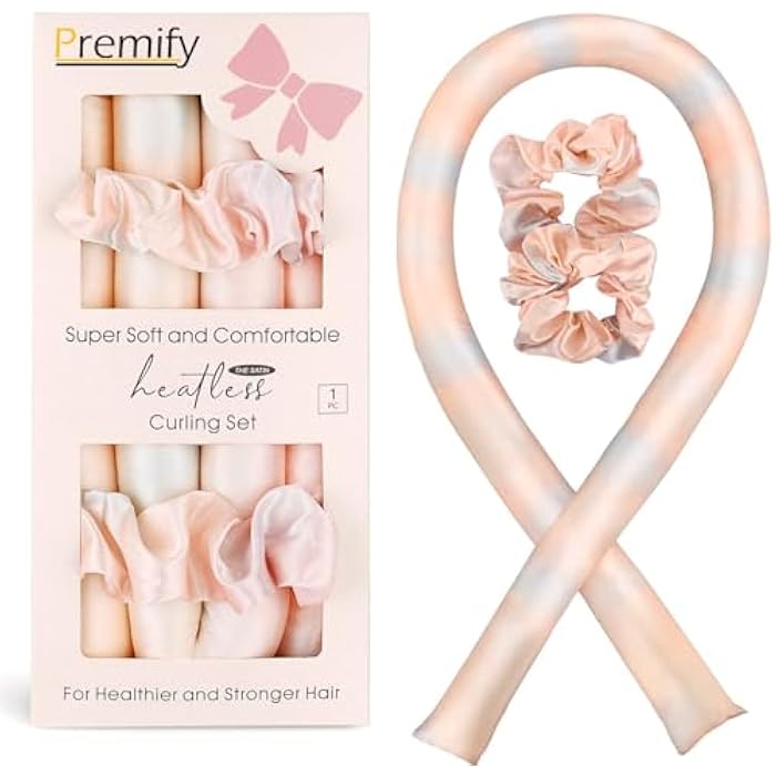 Premify Satin Heatless Hair Curler, 3pcs Overnight Hair Curling Set, Heatless Curling Rod & Headbands for Short & Long Hair, Heatless Curls & Hair Wrap Curlers (Pink TieDye) - Image 1